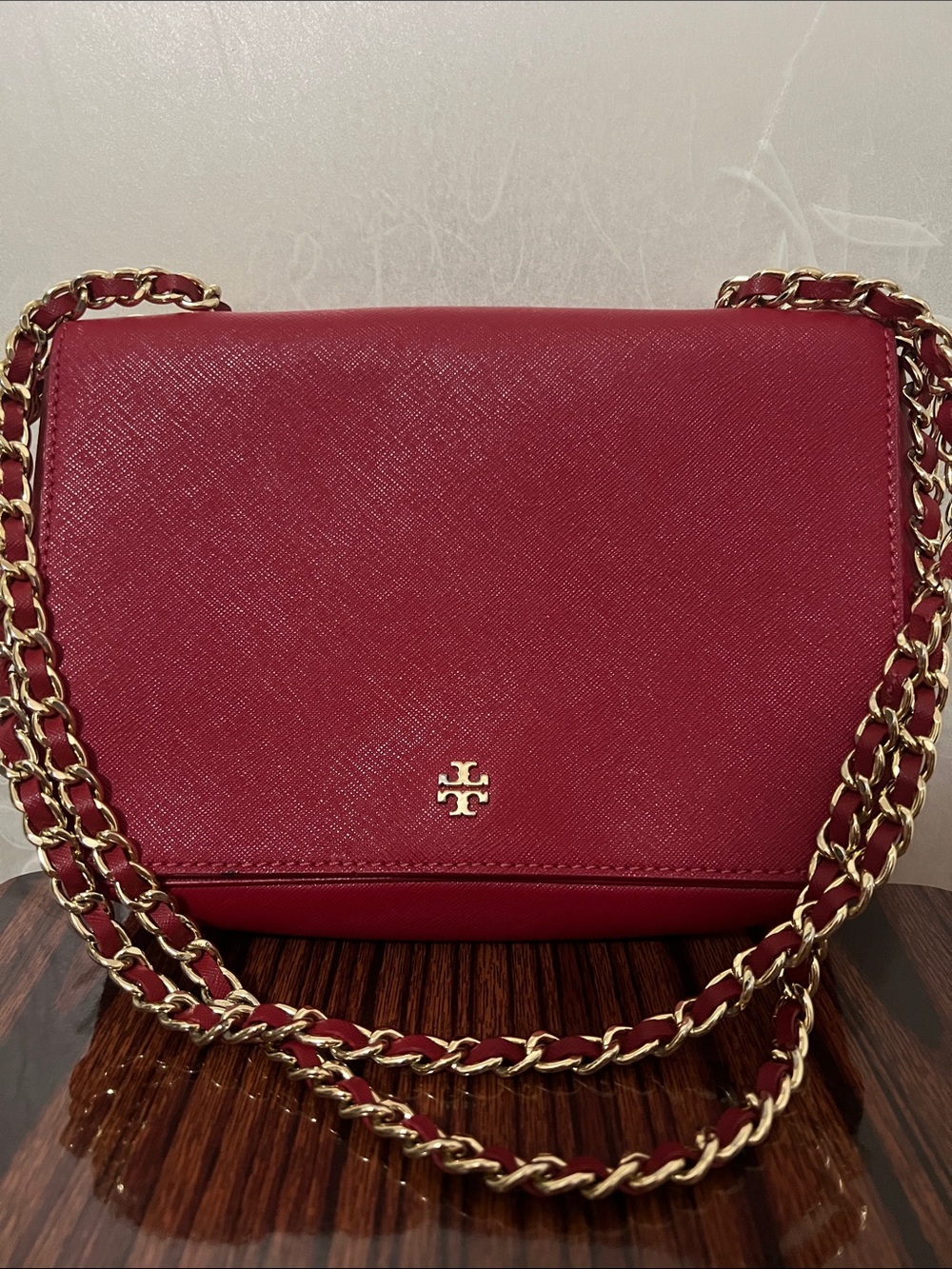 Tory Burch Cherry Red Saffiano Chain Crossbody